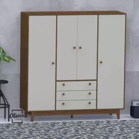 Guarda Roupa Casal Vintage 4 Portas 3 Gavetas Conhaque/Carvalho/Off White - Olivar Móveis