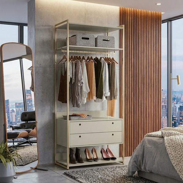 Guarda-Roupa Closet Industrial Olivar com Cabideiro 2 Gavetas 89cm - Off White