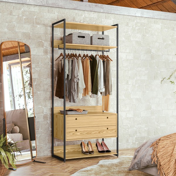 Guarda-Roupa Closet Industrial Olivar com Cabideiro 2 Gavetas 89cm - Pinus