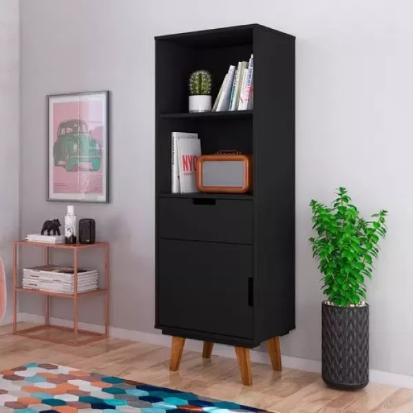 Estante Retrô Vintage Box 1 Porta 1 Gaveta Preto - Olivar Móveis