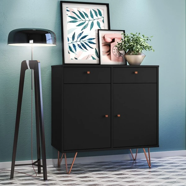 Aparador Retro Metal Onix 2 Portas 2 Gavetas Preto - Olivar Móveis