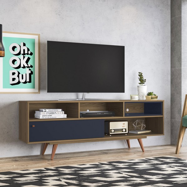 Rack Retro Lyon Freijó/Azul Navy - Olivar Móveis