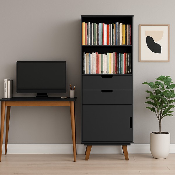 Estante Vintage Paris 1 Porta 2 Gavetas Preto - Olivar Móveis