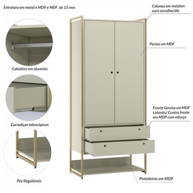 Guarda-Roupa Closet Industrial com Estrutura de Metal 2 Portas 2 Gavetas Cabideiro - Off White