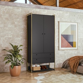 Guarda-Roupa Closet Industrial com Estrutura de Metal 2 Portas 2 Gavetas Cabideiro - Preto