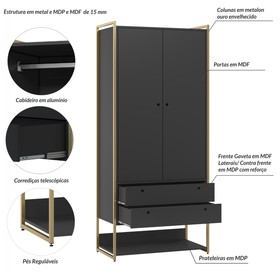 Guarda-Roupa Closet Industrial com Estrutura de Metal 2 Portas 2 Gavetas Cabideiro - Preto
