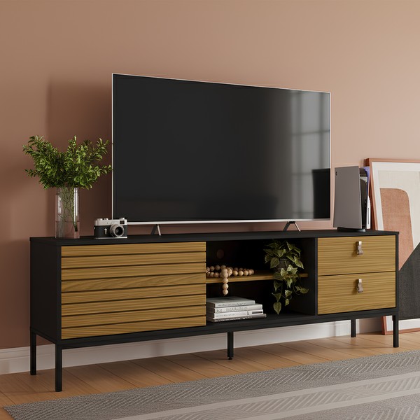 Rack Industrial Frizado Dior P/Tvs Até 65 Polegadas 162cm 2 Gavetas Preto/ Cedro - Olivar Móveis