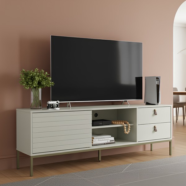 Rack Industrial Frizado Dior P/Tvs Até 65 Polegadas 162cm 2 Gavetas Off White - Olivar Móveis