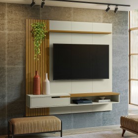 Painel Decor Ripado P/Tvs Até 65 Polegadas C/ Nicho Suspenso 180cm Off White/Cedro - Olivar Móveis