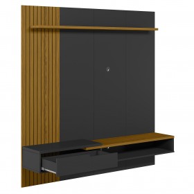 Painel Decor Ripado P/Tvs Até 65 Polegadas C/ Nicho Suspenso 180cm Preto/Cedro - Olivar Móveis