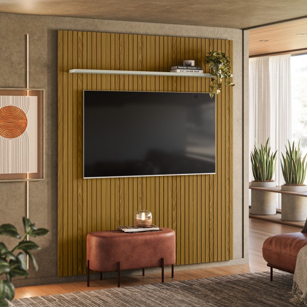 Painel Uno Ripado P/Tvs Até 65 Polegadas C/Prateleira 180cm Cedro/Off White - Olivar Móveis