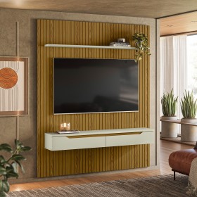 Painel Duetto Ripado P/Tvs Até 65 Polegadas C/Nicho Suspenso 180cm Cedro/Off White - Olivar Móveis