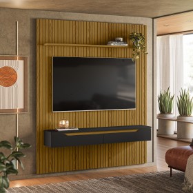 Painel Duetto Ripado P/Tvs Até 65 Polegadas C/Nicho Suspenso 180cm Cedro/Preto - Olivar Móveis