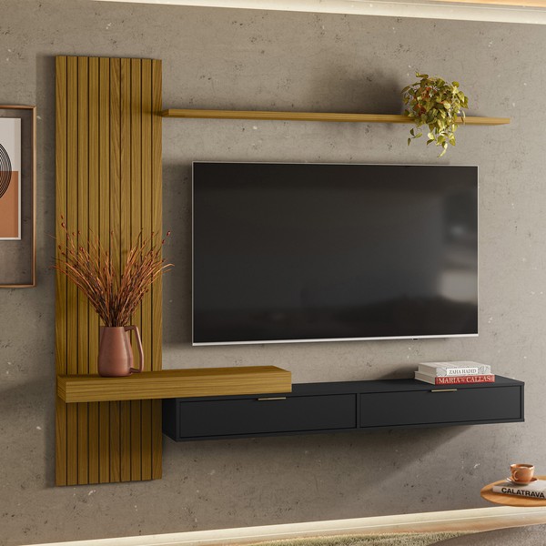 Painel Italy Ripado P/Tvs Até 65 Polegadas 205cm TV na Parede Nicho C/Portas Basculante Cedro/Preto - Olivar Móveis