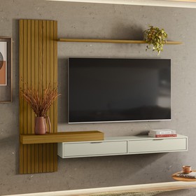 Painel Italy Ripado P/Tvs Até 65 Polegadas 205cm TV na Parede Nicho C/Portas Basculante Cedro/Off White - Olivar Móveis
