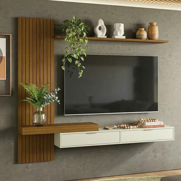 Painel Italy Ripado P/Tvs Até 65 Polegadas 205cm TV na Parede Nicho C/Portas Basculante Cedro/Off White - Olivar Móveis