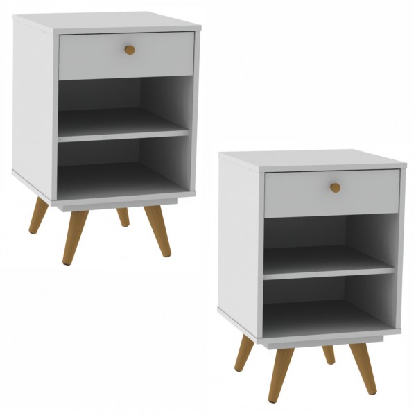 Kit Mesa de Cabeceira Retrô Plus Branco 1 Gaveta - Olivar Móveis