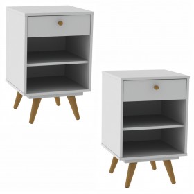 Kit Mesa de Cabeceira Retrô Plus Branco 1 Gaveta - Olivar Móveis