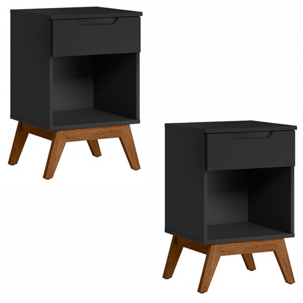 Kit Mesa de Cabeceira Retrô Alpi Gaveta Preto - Olivar Móveis