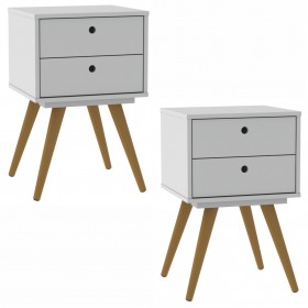 Kit Mesa de Cabeceira Retrô 2 Gavetas Branco - Olivar Móveis