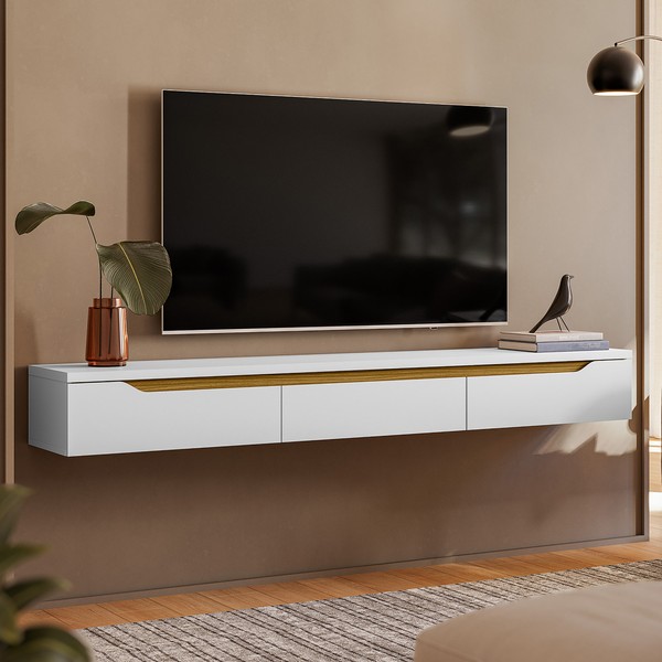 Rack Suspenso Uno P/ Tvs Até 65 Polegadas 180cm 3 Portas Branco/Cedro - Olivar Móveis