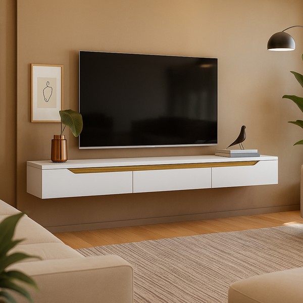 Rack Suspenso Uno P/ Tvs Até 65 Polegadas 180cm 3 Portas Branco/Cedro - Olivar Móveis