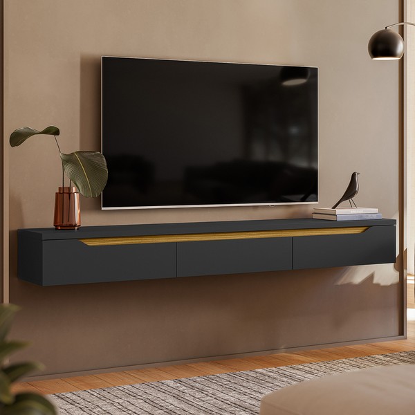 Rack Suspenso Uno P/ Tvs Até 65 Polegadas 180cm 3 Portas Preto/Cedro - Olivar Móveis