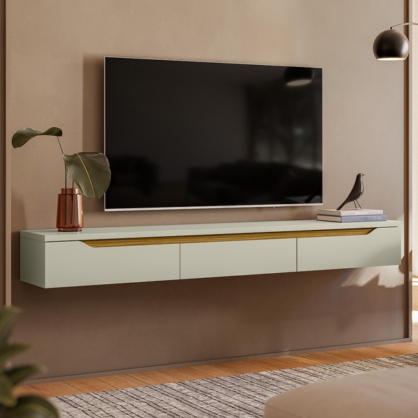 Rack Suspenso Uno P/ Tvs Até 65 Polegadas 180cm 3 Portas Off White/Cedro - Olivar Móveis