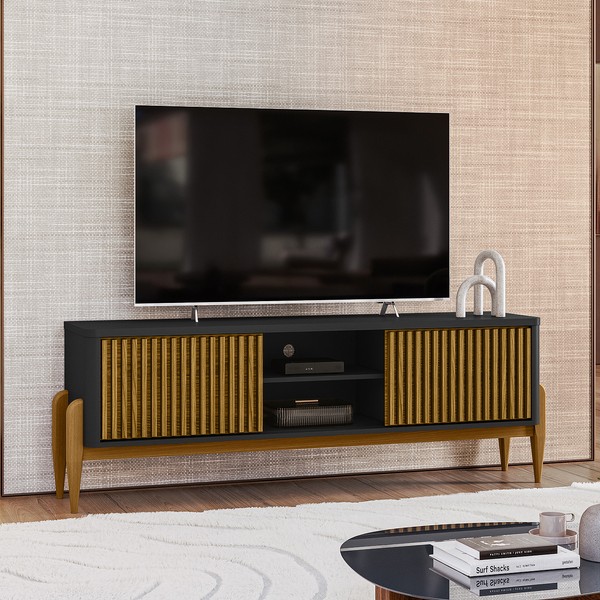 Rack Sereno para TV Até 55 Polegadas com Ripado 2 Portas de Correr 160cm Pés em Madeira Maciça Preto/Cedro - Olivar Móveis