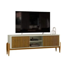 Rack Sereno para TV Até 55 Polegadas com Ripado 2 Portas de Correr 160cm Pés em Madeira Maciça Off White/Cedro - Olivar Móveis