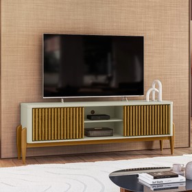 Rack Sereno para TV Até 55 Polegadas com Ripado 2 Portas de Correr 160cm Pés em Madeira Maciça Off White/Cedro - Olivar Móveis