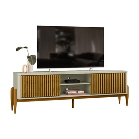 Rack Sereno para TV Até 65 Polegadas com Ripado 2 Portas de Correr 180cm Pés em Madeira Maciça Off White/Cedro - Olivar Móveis