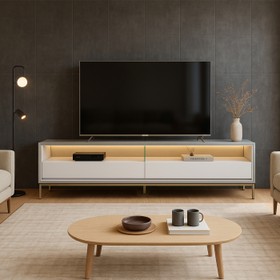 Rack Industrial Fusion para TV Até 65 Polegadas 2 Gavetas 180cm com Iluminação em Led Off White/Branco - Olivar Móveis