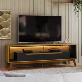 Rack com Led P/ TV 65 Polegadas 175cm Duo Pés Madeira Cedro/Preto – Olivar Móveis