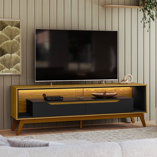 Rack com Led P/ TV 65 Polegadas 175cm Duo Pés Madeira Cedro/Preto – Olivar Móveis