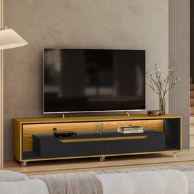 Rack para Sala com Led e Rodízios P/Tv 65 Polegadas 175cm Loop Cedro/Preto-Olivar Móveis