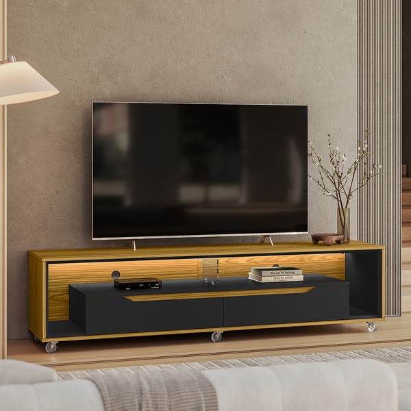 Rack para Sala com Led e Rodízios P/Tv 65 Polegadas 175cm Loop Cedro/Preto-Olivar Móveis