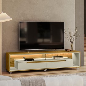 Rack para Sala com Led e Rodízios P/Tv 65 Polegadas 175cm Loop Cedro/Off White-Olivar Móveis