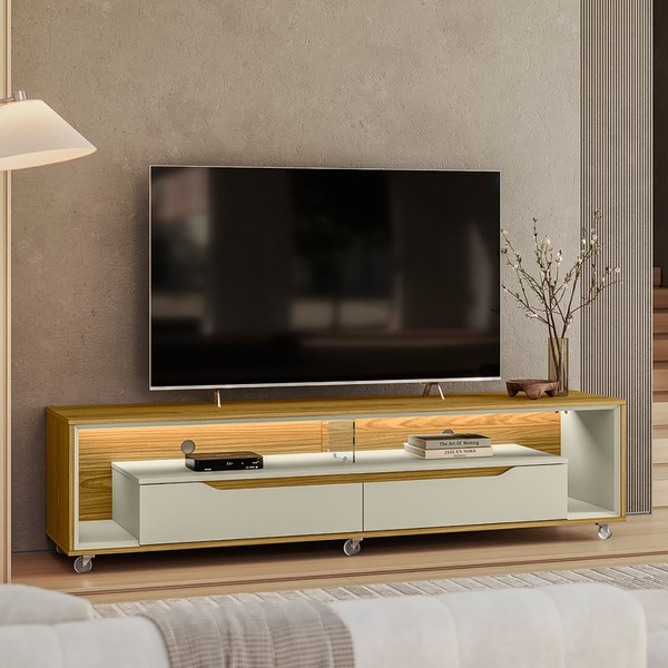 Rack para Sala com Led e Rodízios P/Tv 65 Polegadas 175cm Loop Cedro/Off White-Olivar Móveis