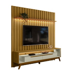 Rack Duo Pés Madeira e Painel Ripado com Led London 177cm TV 70 Polegadas Cedro/Off White – Olivar Móveis