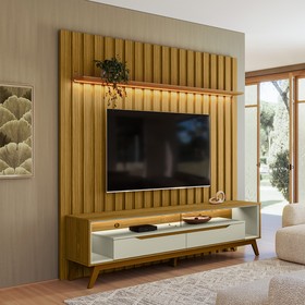 Rack Duo Pés Madeira e Painel Ripado com Led London 177cm TV 70 Polegadas Cedro/Off White – Olivar Móveis