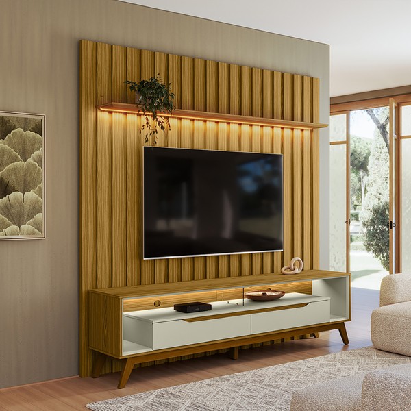 Rack Duo Pés Madeira e Painel Ripado com Led London 177cm TV 70 Polegadas Cedro/Off White – Olivar Móveis