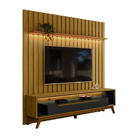Rack Duo Pés Madeira e Painel Ripado com Led London 177cm TV 70 Polegadas Cedro/Preto - Olivar Móveis