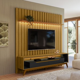 Rack Duo Pés Madeira e Painel Ripado com Led London 177cm TV 70 Polegadas Cedro/Preto - Olivar Móveis