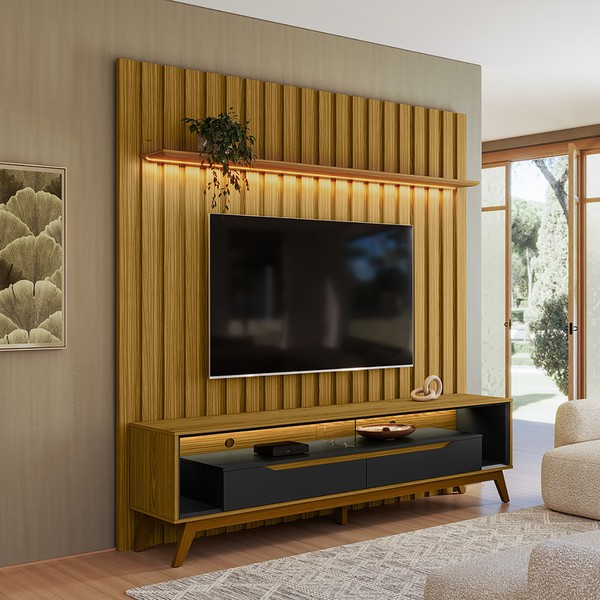 Rack Duo Pés Madeira e Painel Ripado com Led London 177cm TV 70 Polegadas Cedro/Preto - Olivar Móveis