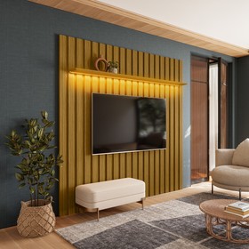 Painel Ripado com Led 177x218 P/ TV 70 Polegadas London Cedro - Olivar Móveis