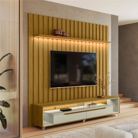 Painel Ripado com Led London 177cm e Rack Loop com Rodízios TV 70 Polegadas Cedro/Off White – Olivar Móveis