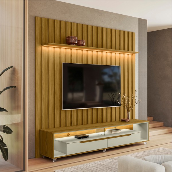 Painel Ripado com Led London 177cm e Rack Loop com Rodízios TV 70 Polegadas Cedro/Off White – Olivar Móveis
