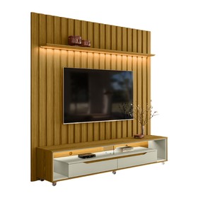 Painel Ripado com Led London 177cm e Rack Loop com Rodízios TV 70 Polegadas Cedro/Off White – Olivar Móveis