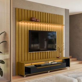 Painel Ripado com Led London 177cm e Rack Loop com Rodízios TV 70 Polegadas Cedro/Preto – Olivar Móveis